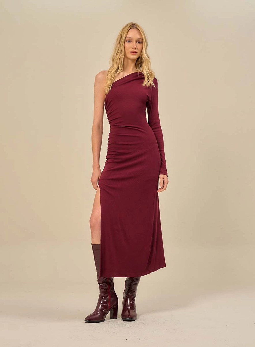 Vestido Midi Um Ombro Só Com Fenda Bordô Souisy