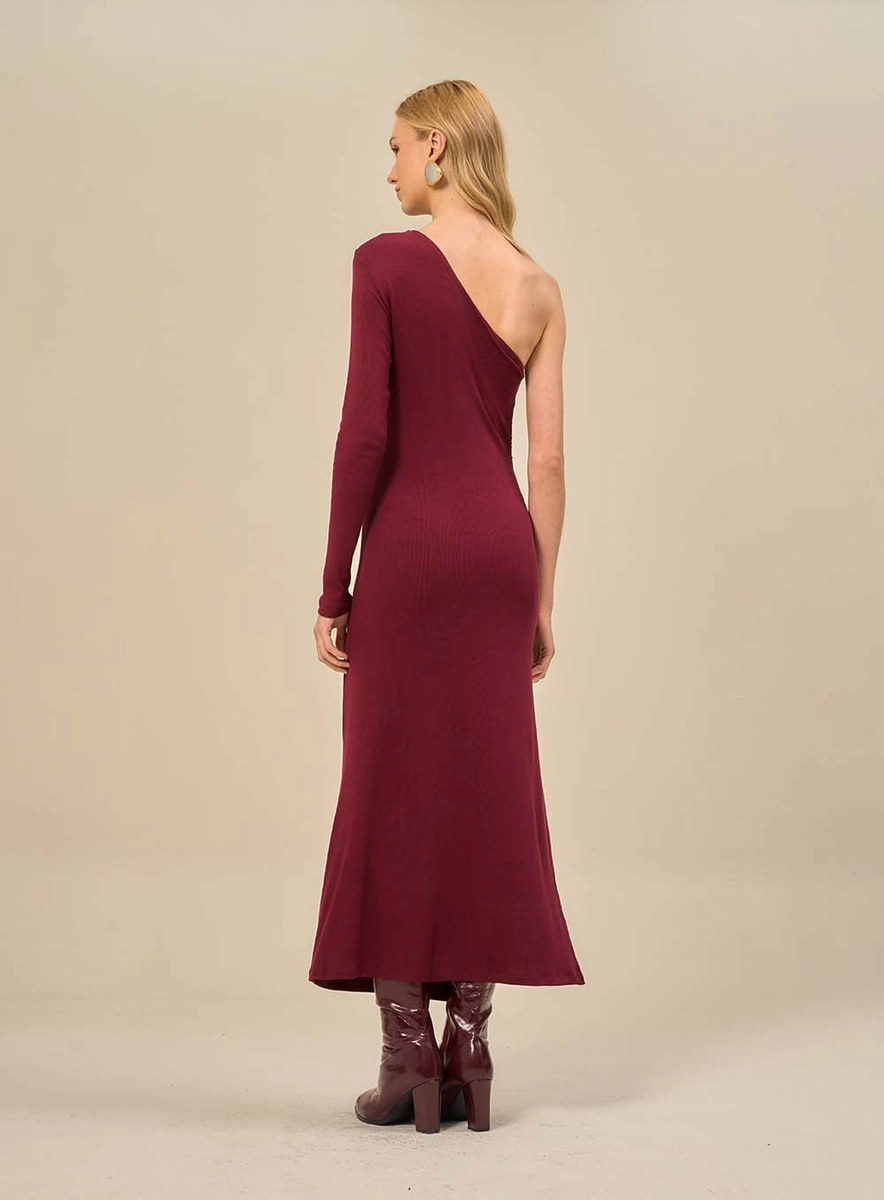 Vestido Midi Um Ombro Só Com Fenda Bordô Souisy