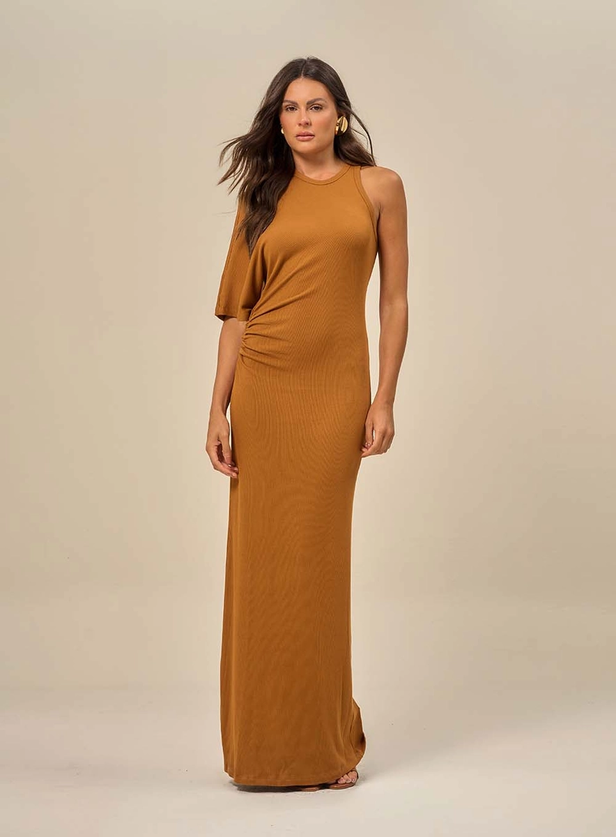 Vestido Longo Assimétrico Uma Manga Curta Marrom Souisy