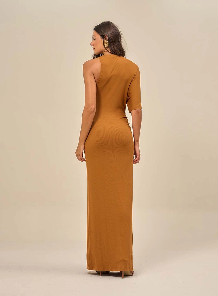 Vestido Longo Assimétrico Uma Manga Curta Marrom Souisy