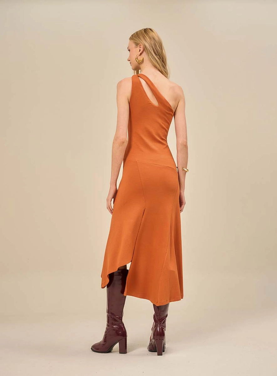 Vestido Midi Assimétrico Com Recorte Gota Marrom Souisy