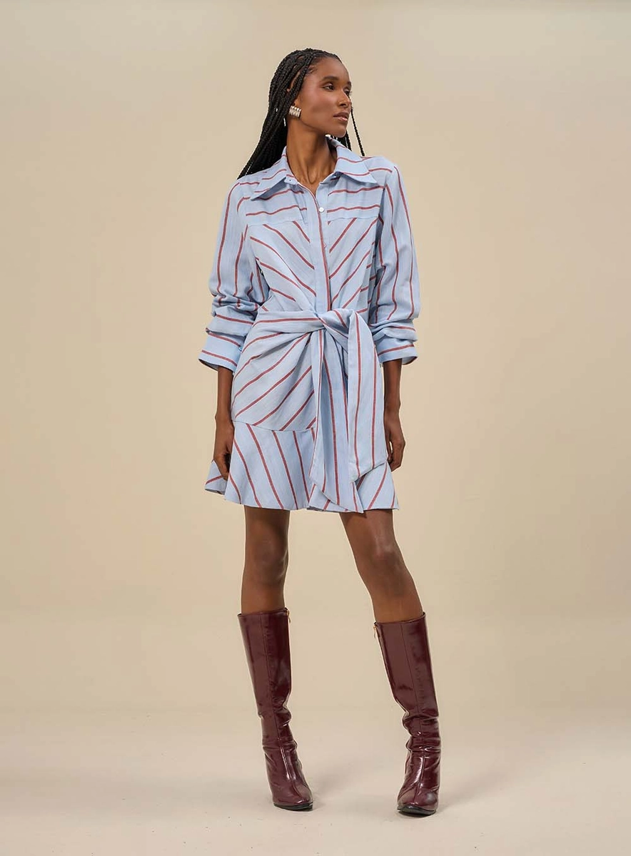 Vestido Curto Listrado Estilo Camisa Estampados Souisy