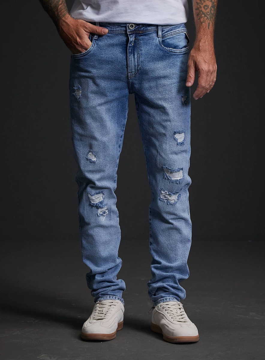 Calça Jeans Masculina Anbass Skinny Com Detalhes Índigo Replay