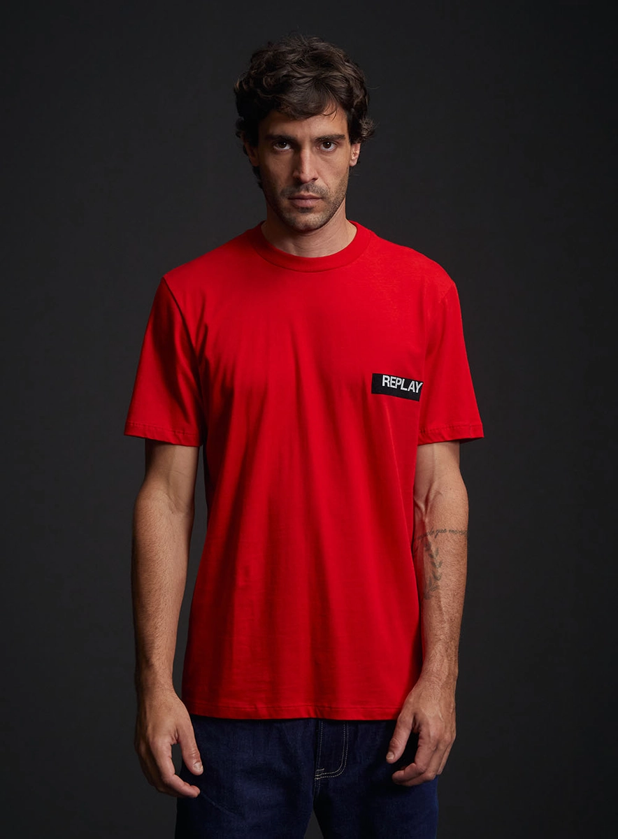 Camiseta Masculina Regular Básica Detalhe Frontal Vermelho Rojo Replay