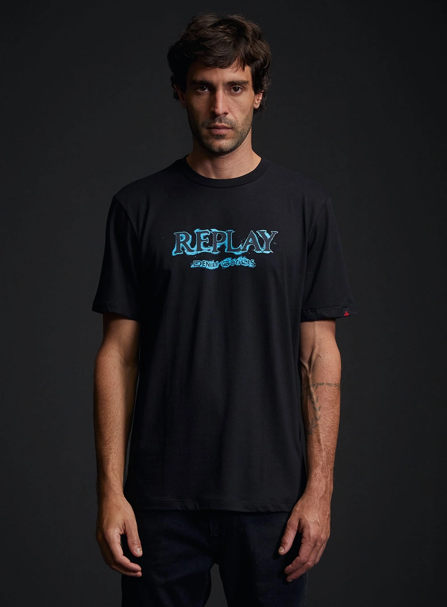 Camiseta Masculina Regular Básica Estampada Preto Replay