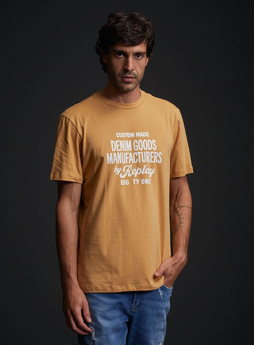 Camiseta Regular Estampada Gola Em Ribana Bege Replay