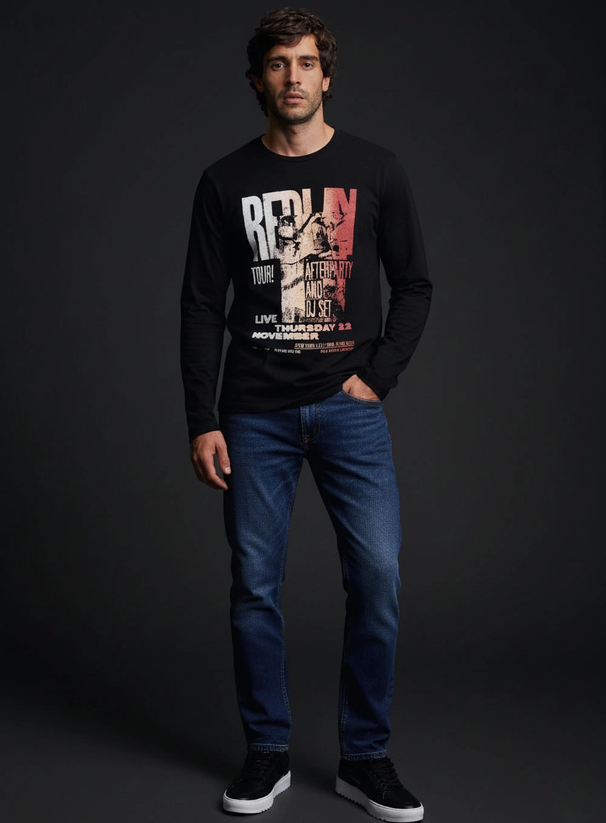 Camiseta Masculina Regular Manga Longa Estampada Preto Replay