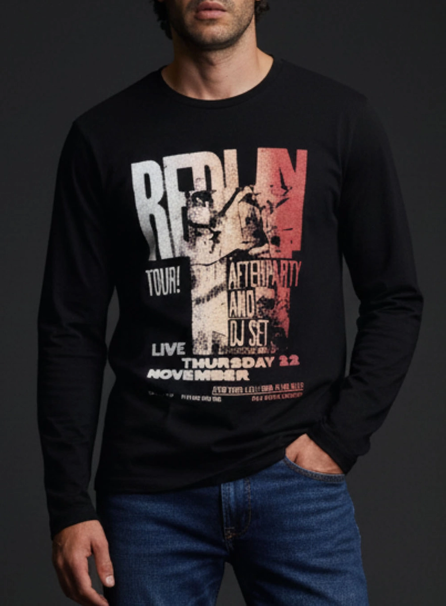 Camiseta Masculina Regular Manga Longa Estampada Preto Lcecci
