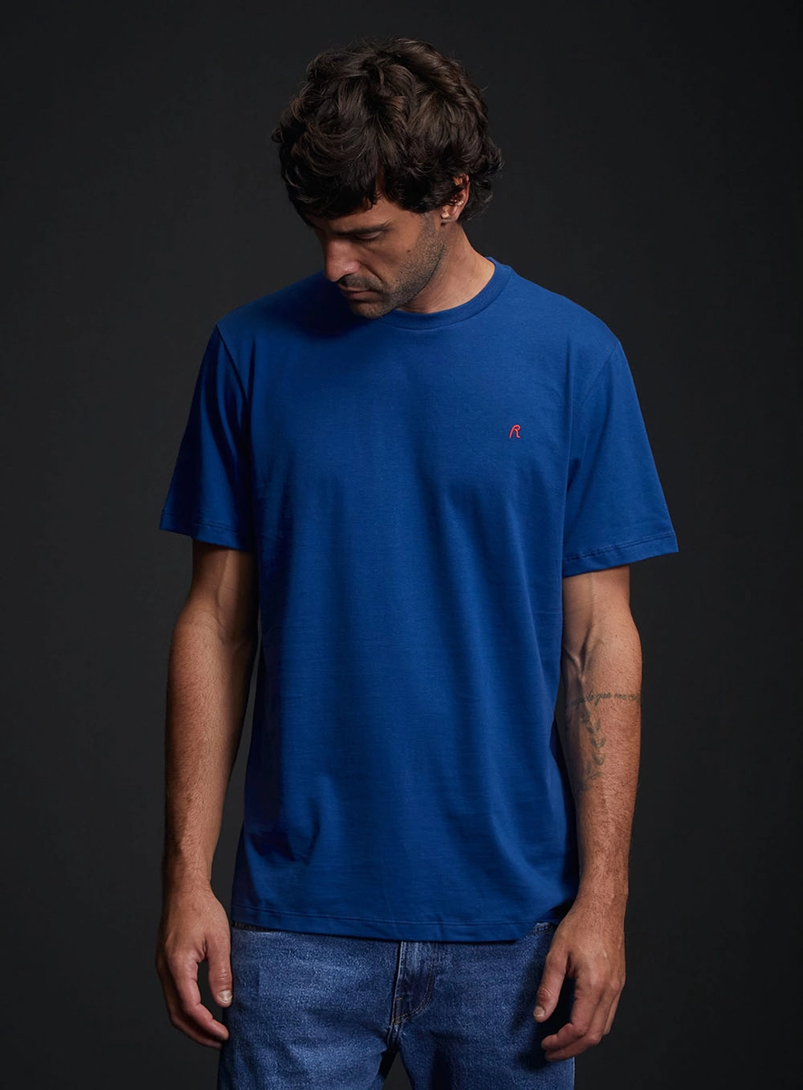Camiseta Masculina Regular Com Bordado Minimalista Azul Replay