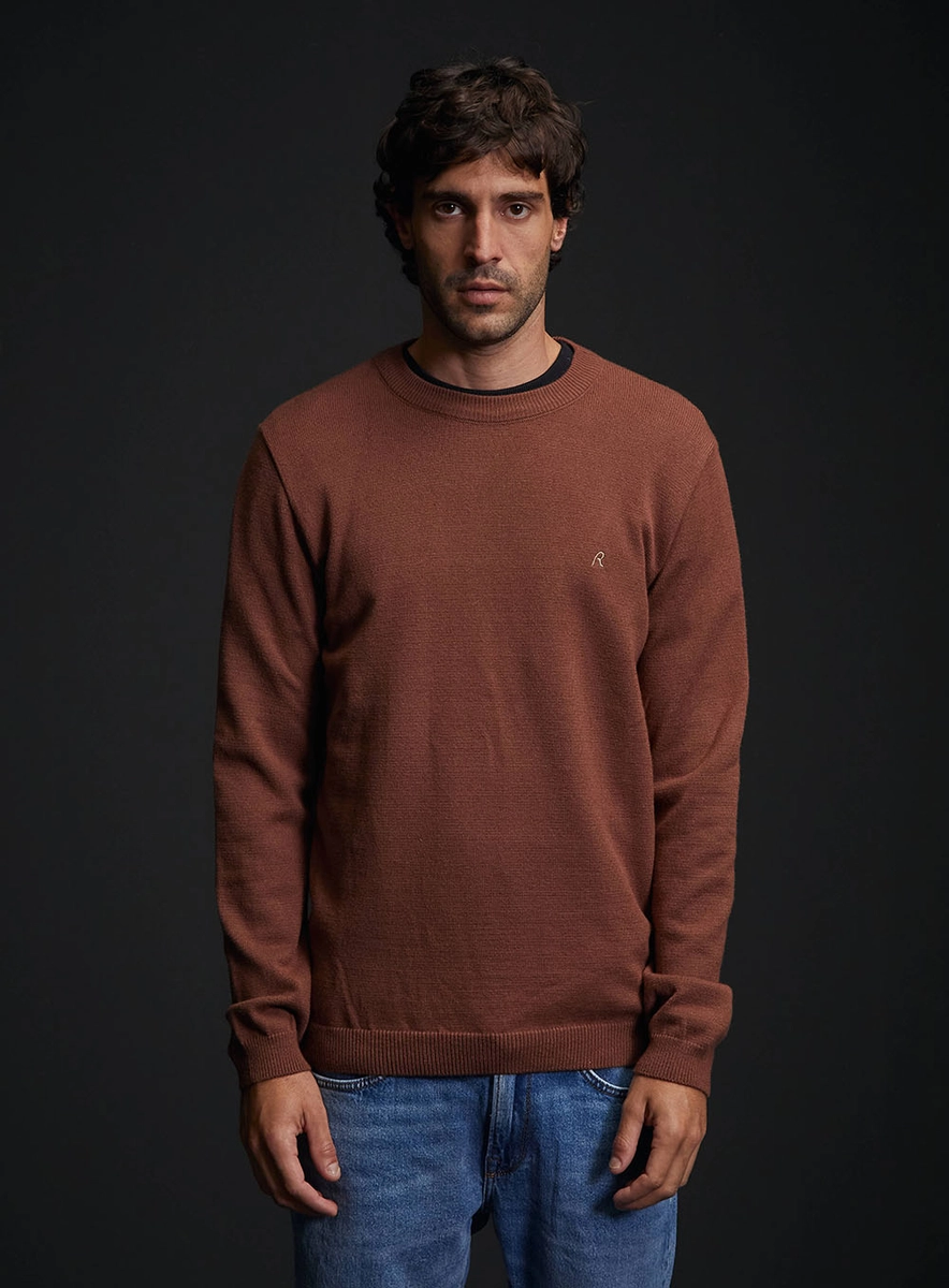 Suéter Masculina Regular Com Bordado Marrom Lcecci