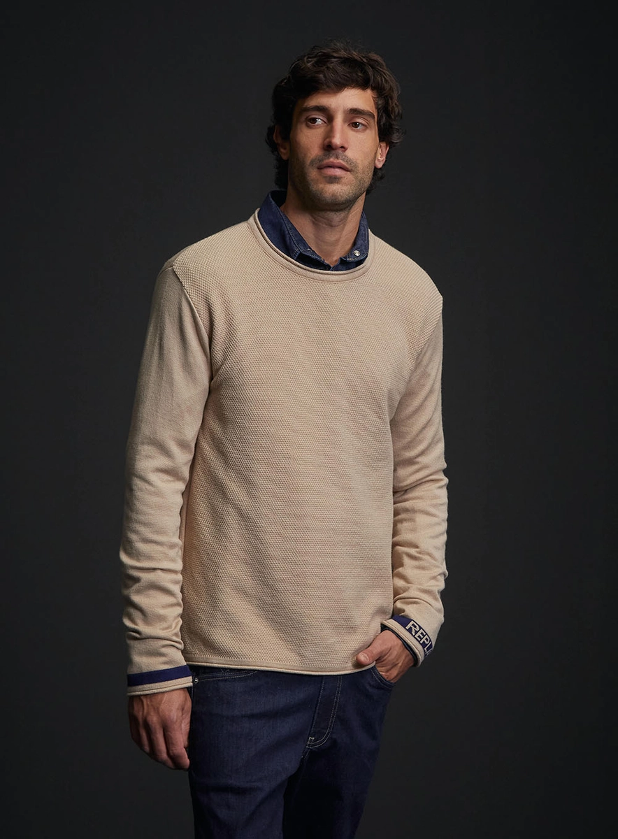 Suéter Regular Masculino Texturizado Com Detalhes Bege Replay