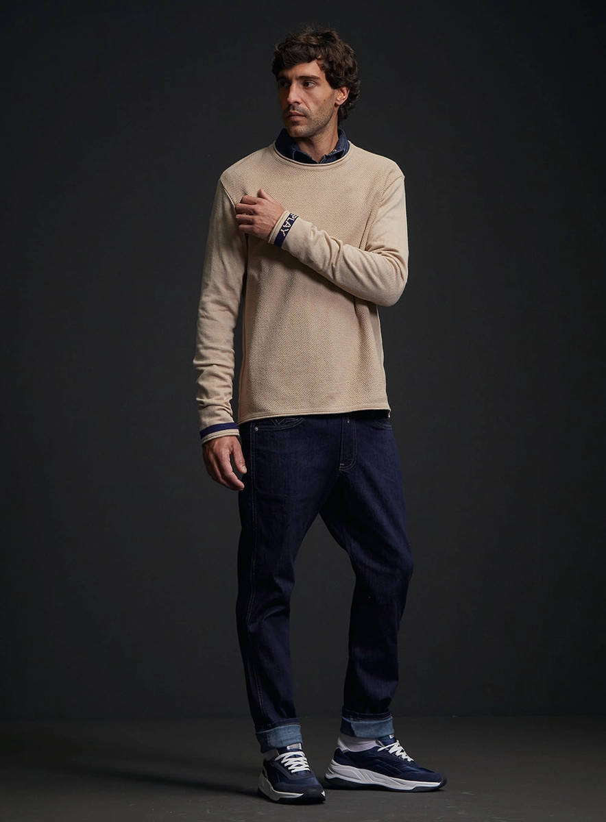Suéter Regular Masculino Texturizado Com Detalhes Bege Lcecci