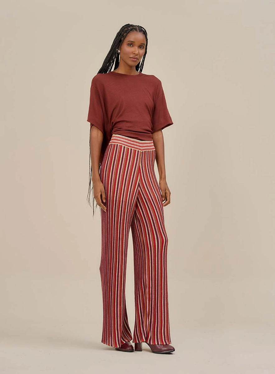 Calça Pantalona Listrada Em Tricô Estampados Souisy