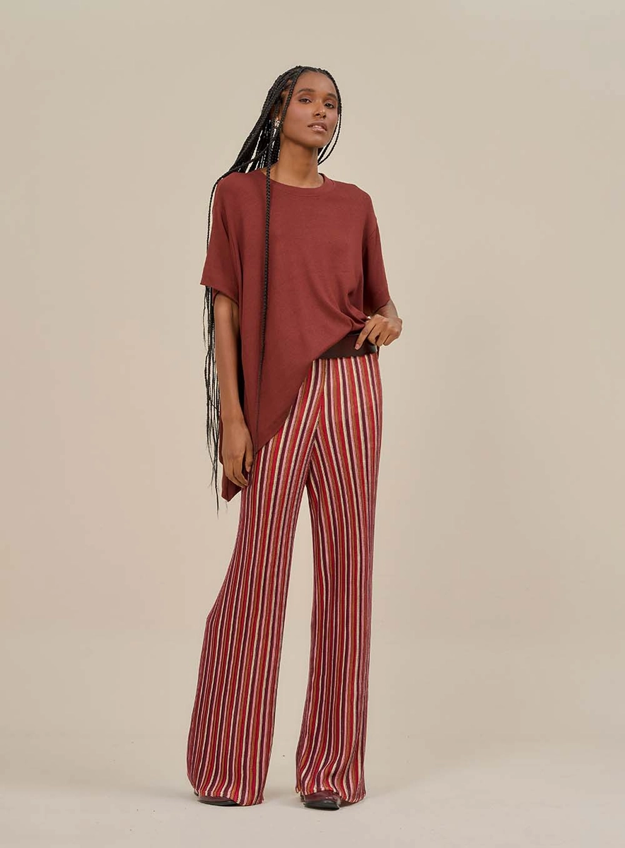 Calça Pantalona Listrada Em Tricô Estampados Souisy