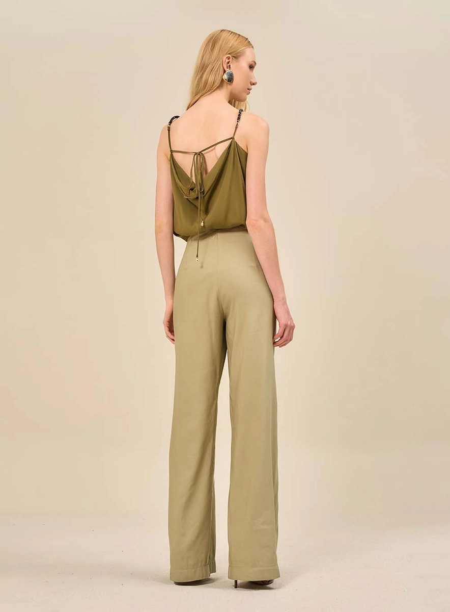Calça Pantalona Transpassada Com Fivela Verde Souisy