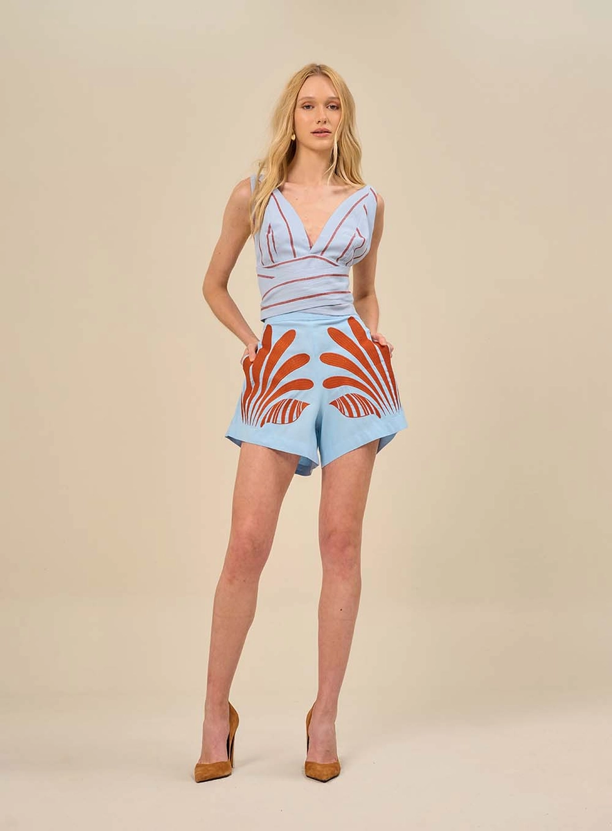Short Feminino Bordado Com Cintura Alta Azul Souisy