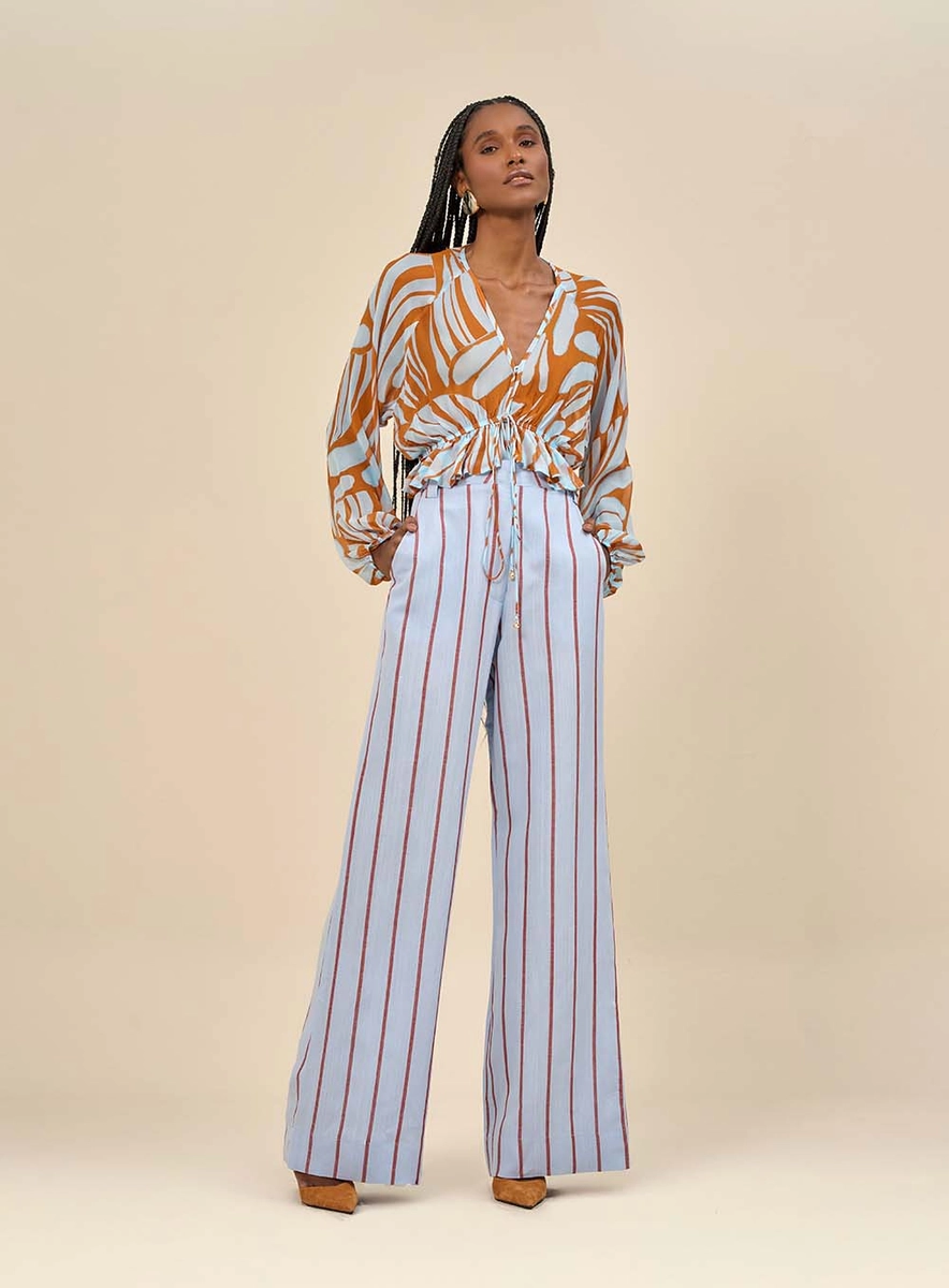 Calça Wide Leg Listrada Estampados Souisy