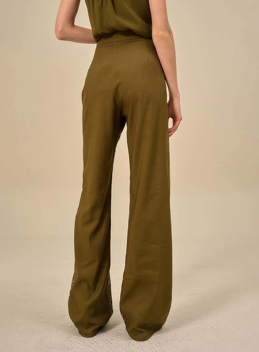 Calça Wide Leg Com Recortes Em Laise Verde Souisy