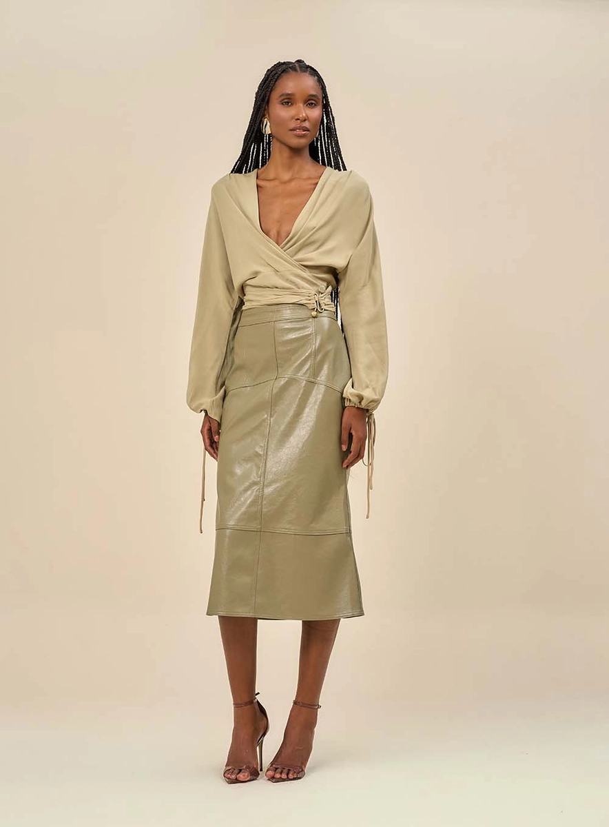 Saia Feminina Midi Em Pu Com Ziper Verde Souisy