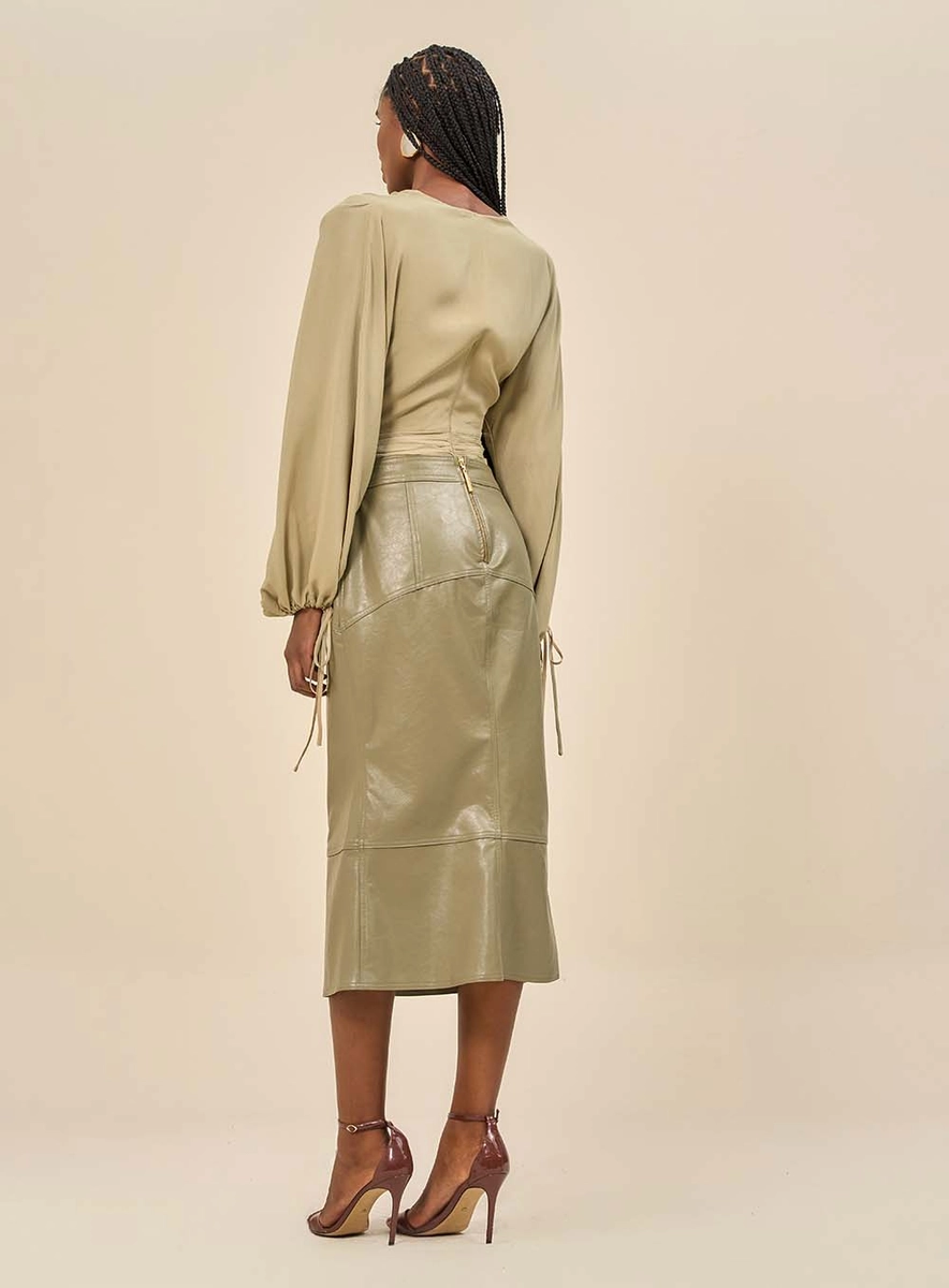 Saia Feminina Midi Em Pu Com Ziper Verde Souisy