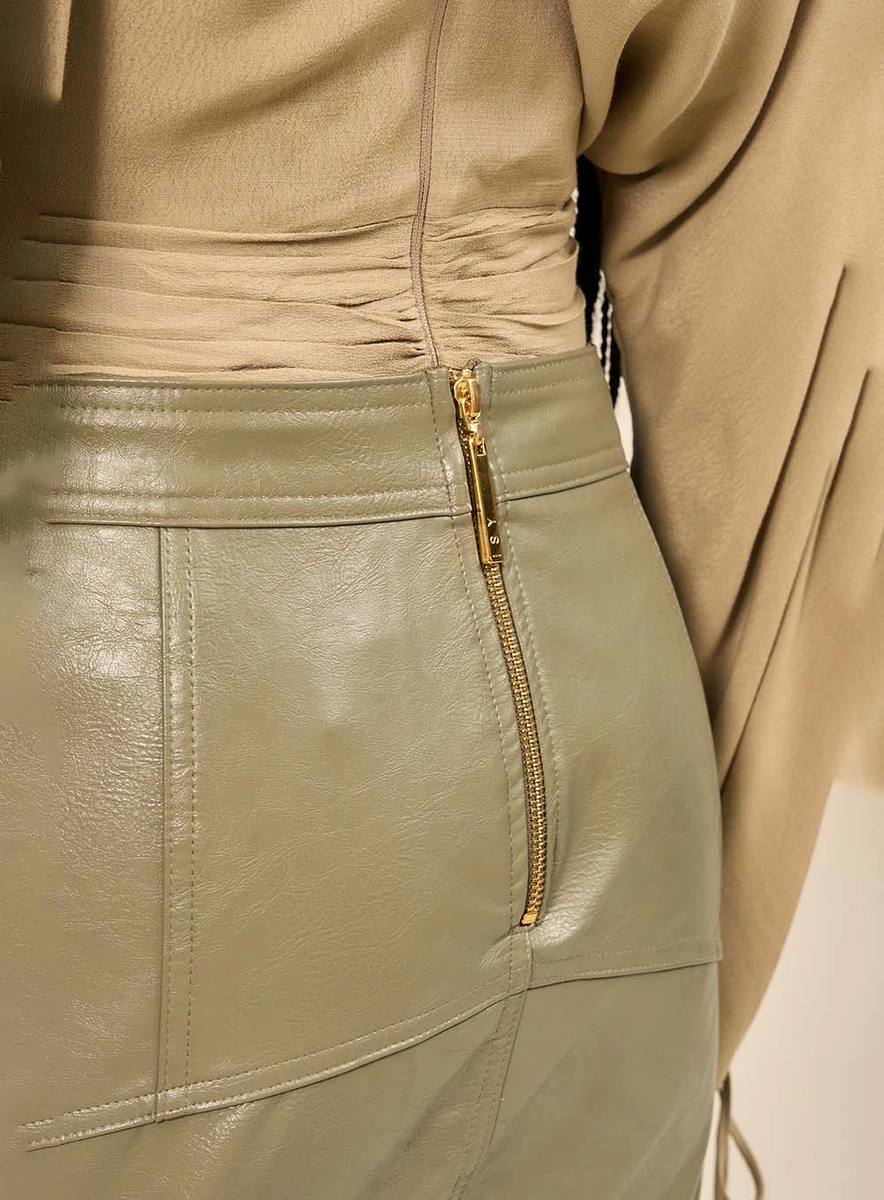 Saia Feminina Midi Em Pu Com Ziper Verde Souisy