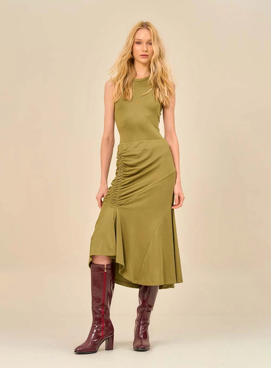 Saia Feminina Midi Assimétrica Com Drapeado Verde Souisy