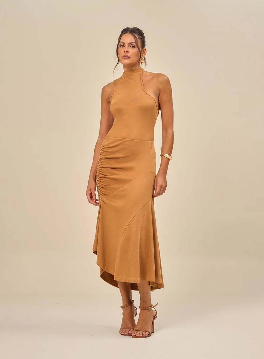 Saia Feminina Midi Assimétrica Com Drapeado Verde Souisy