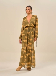 Vestido Longo Estampado Com Mangas Longas