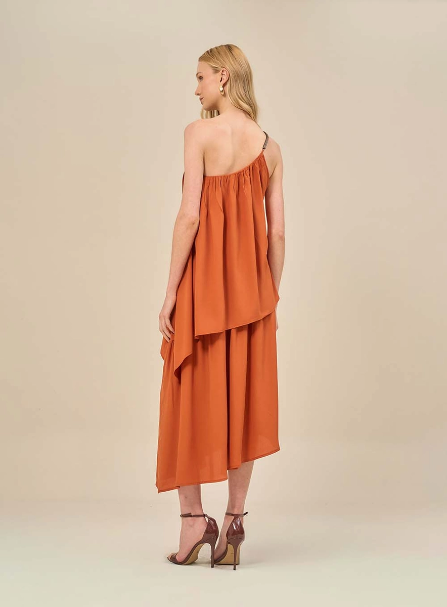 Vestido Midi Com Decote Assimétrico Marrom Souisy