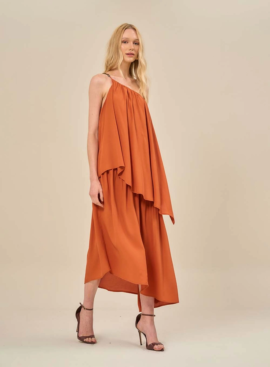 Vestido Midi Com Decote Assimétrico Marrom Souisy