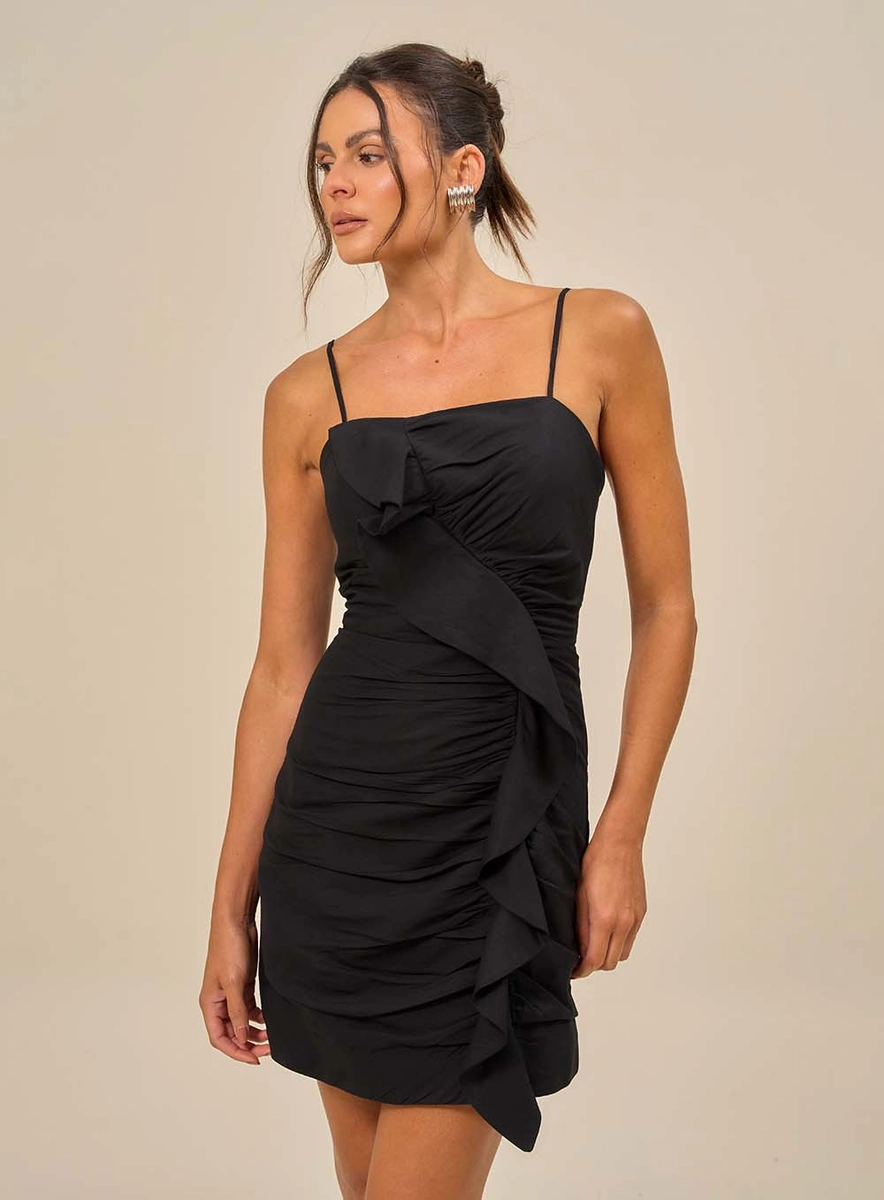Vestido Curto Com Drapeado Frontal Preto Souisy
