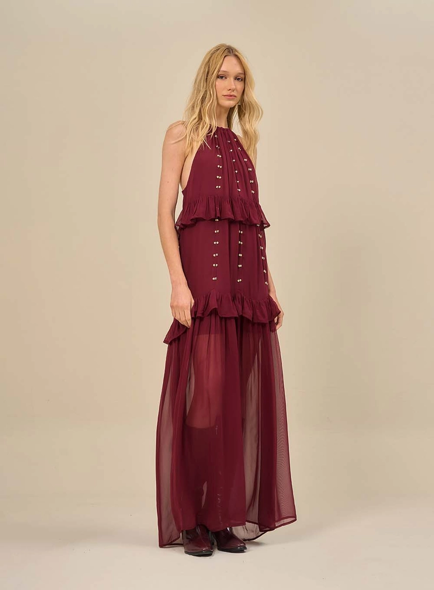 Vestido Longo Frente Única Com Babados Bordô Souisy
