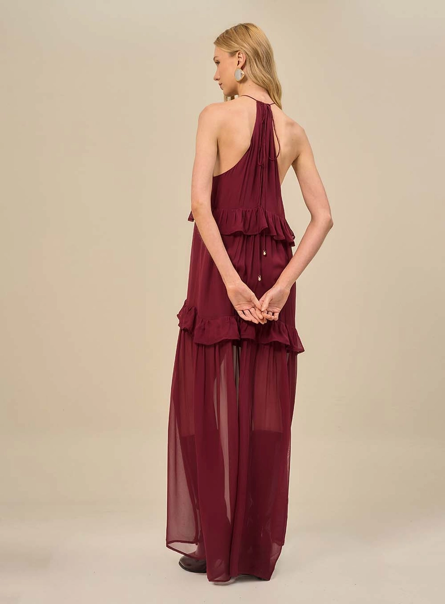 Vestido Longo Frente Única Com Babados Bordô Souisy