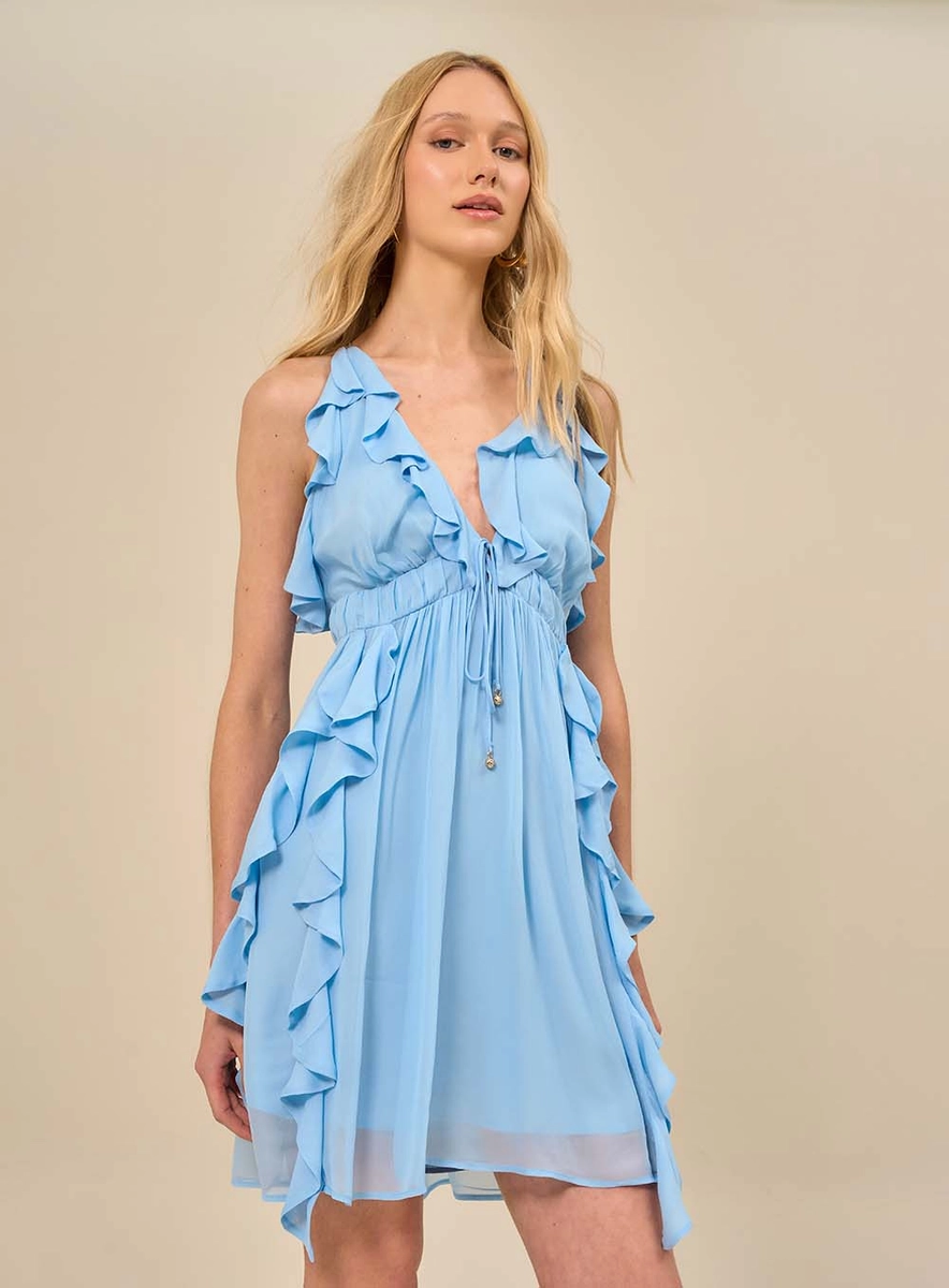 Vestido Curto Com Cintura Franzida Azul Souisy