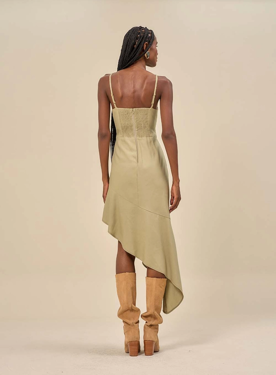 Vestido Midi Assimétrico Com Aplicações Verde Souisy