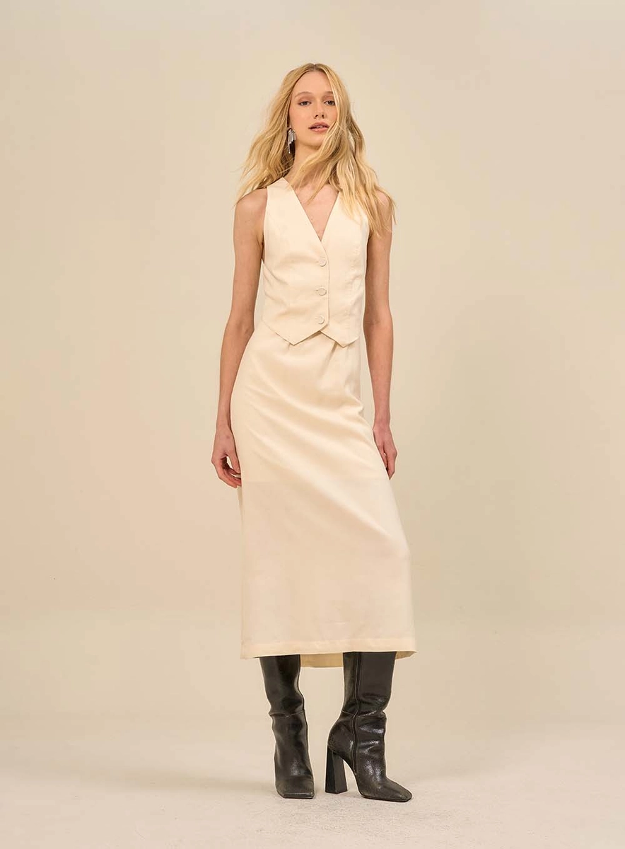 Vestido Midi Com Detalhes De Colete Bege Souisy