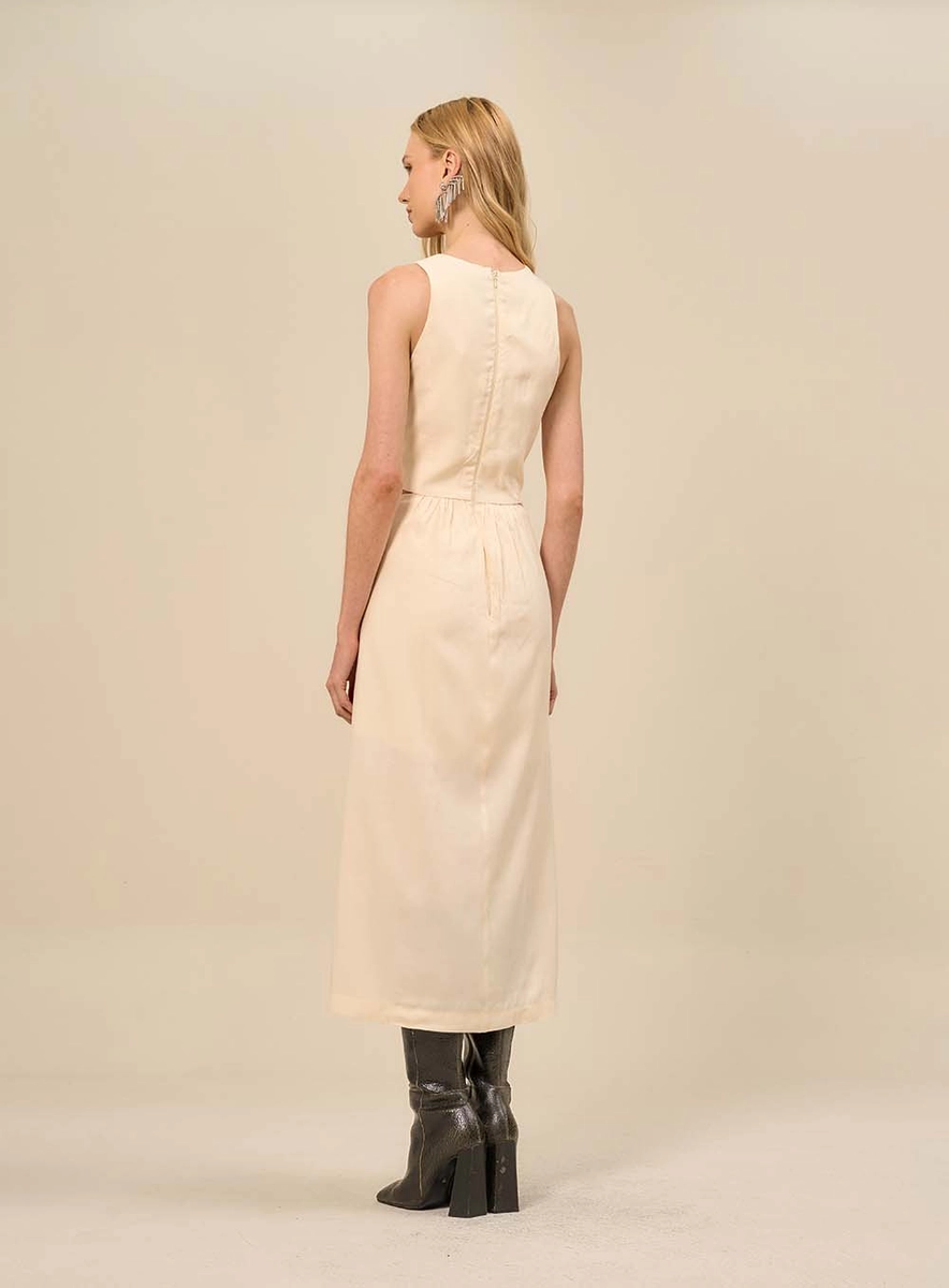 Vestido Midi Com Detalhes De Colete Bege Souisy