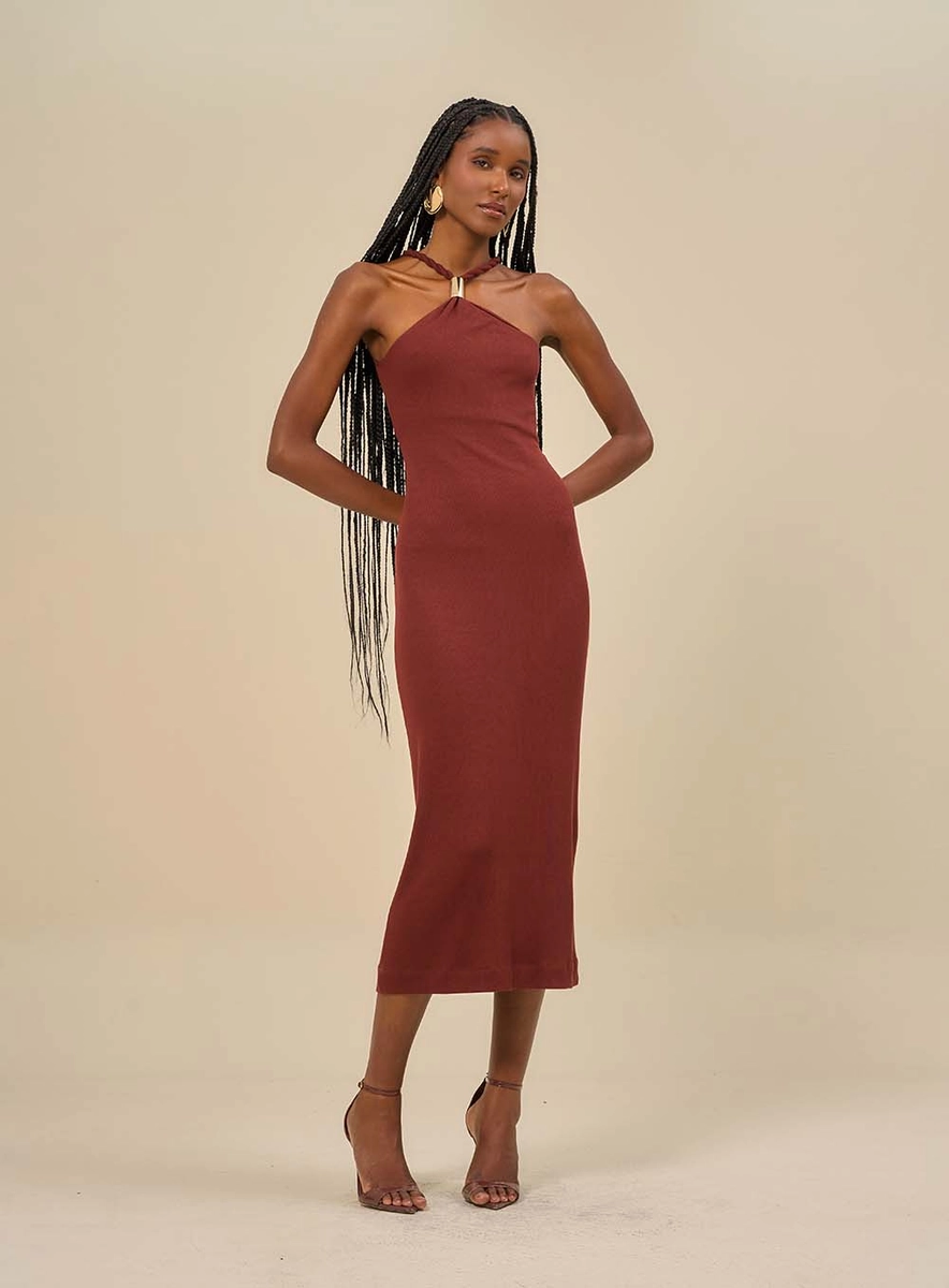 Vestido Midi Com Gola Trançada Marrom Souisy