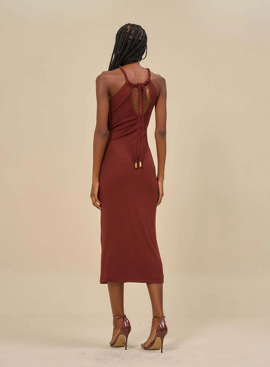 Vestido Midi Com Gola Trançada Marrom Souisy