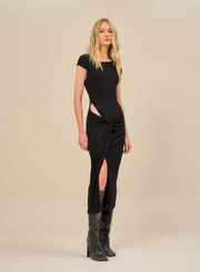 Vestido Midi Com Manga Curta E Fenda