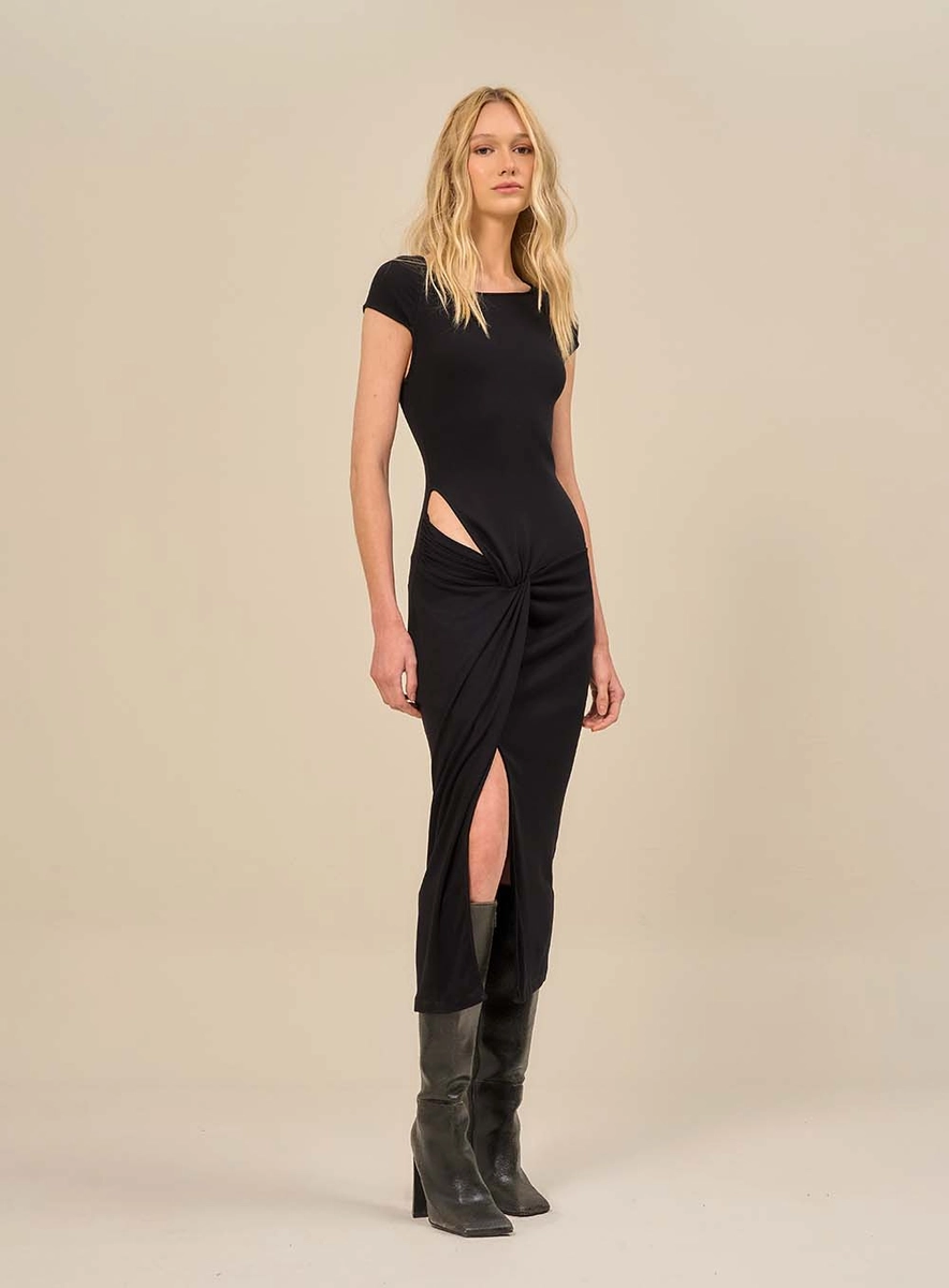 Vestido Midi Com Manga Curta E Fenda Preto Souisy