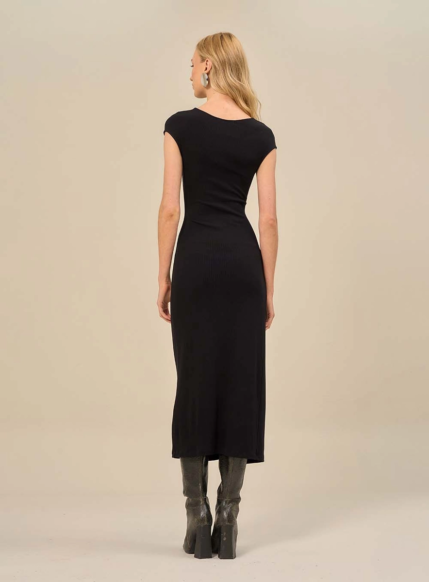 Vestido Midi Com Manga Curta E Fenda Preto Souisy