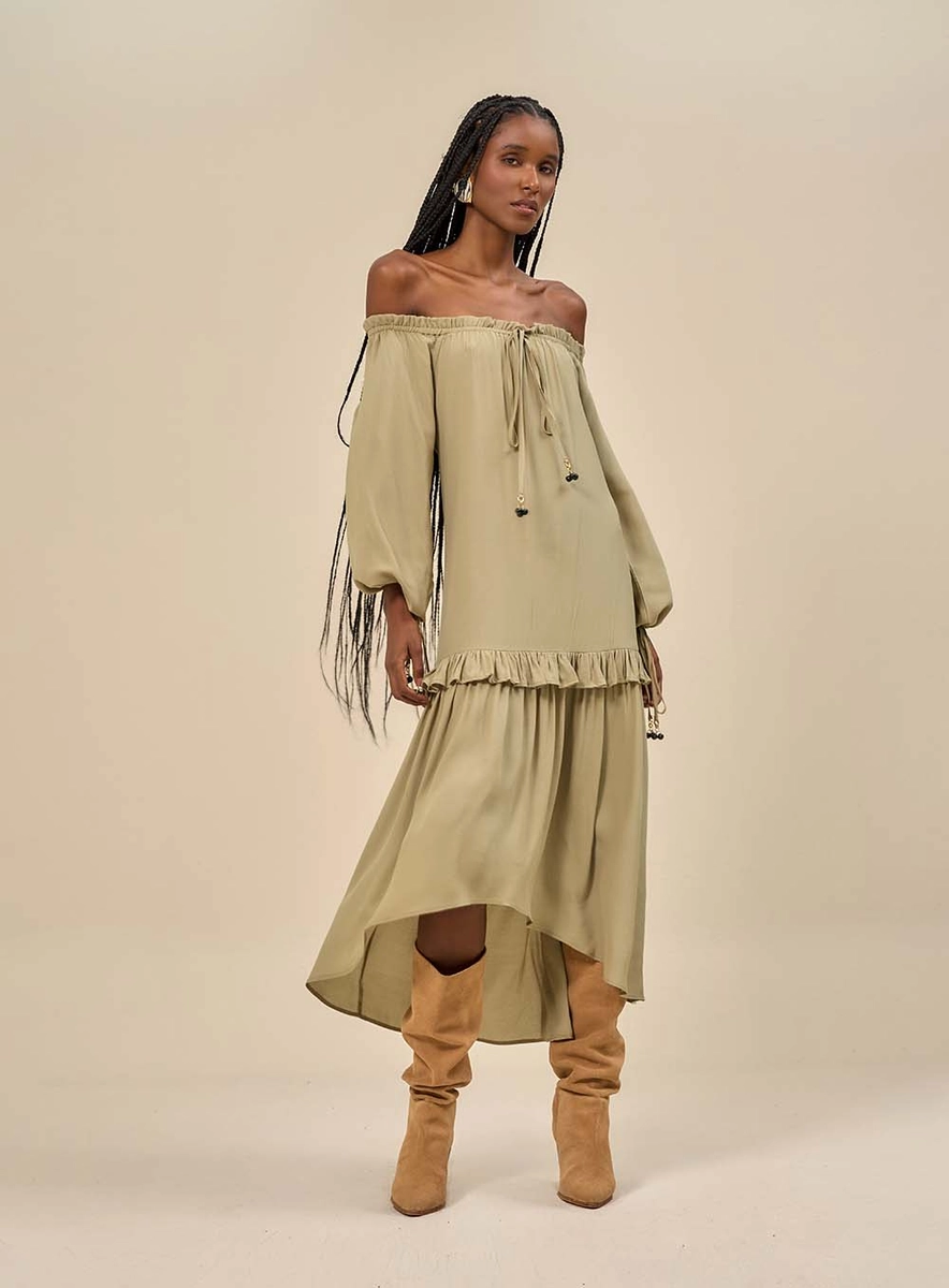 Vestido Midi Com Barra Assimétrica Verde Souisy