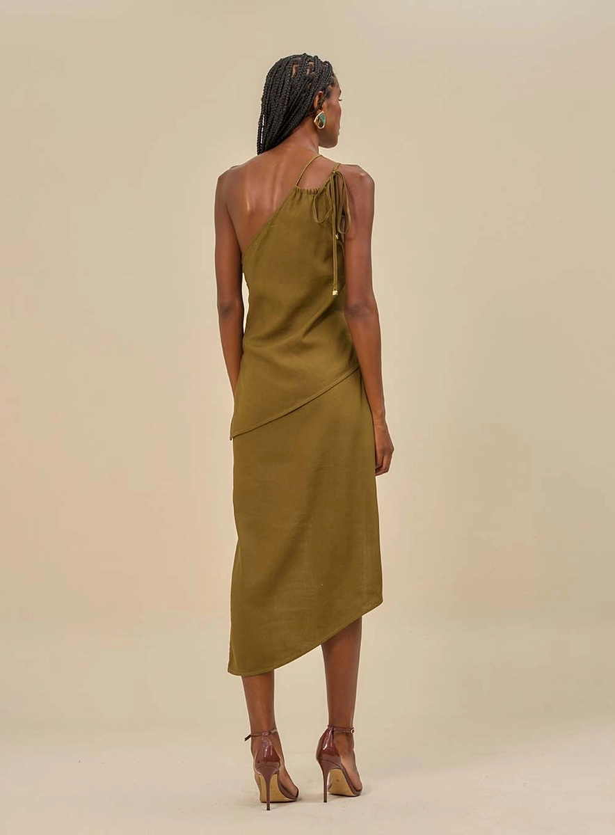 Vestido Midi Um Ombro Só E Amarração Verde Souisy