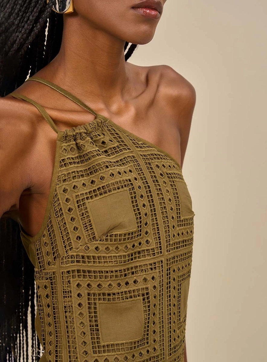 Vestido Midi Um Ombro Só E Amarração Verde Souisy
