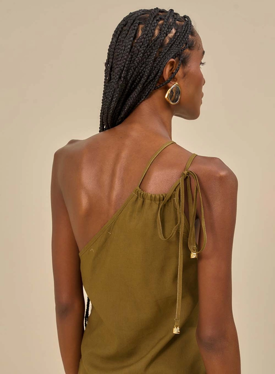 Vestido Midi Um Ombro Só E Amarração Verde Souisy