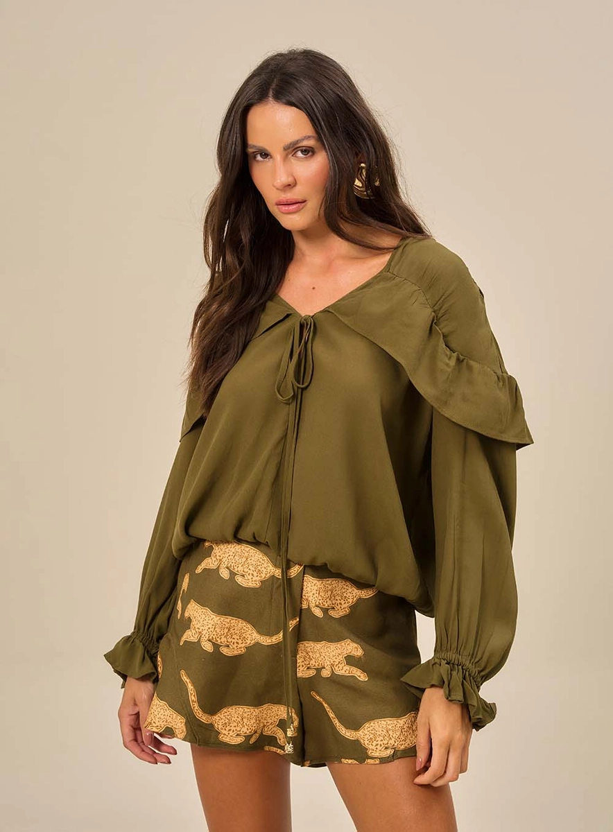 Blusa Manga Longa Com Babado Verde Souisy