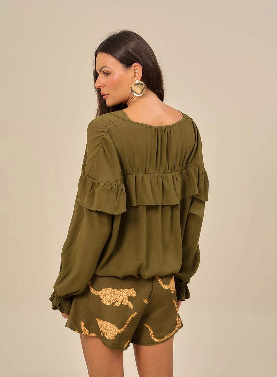 Blusa Manga Longa Com Babado Verde Souisy