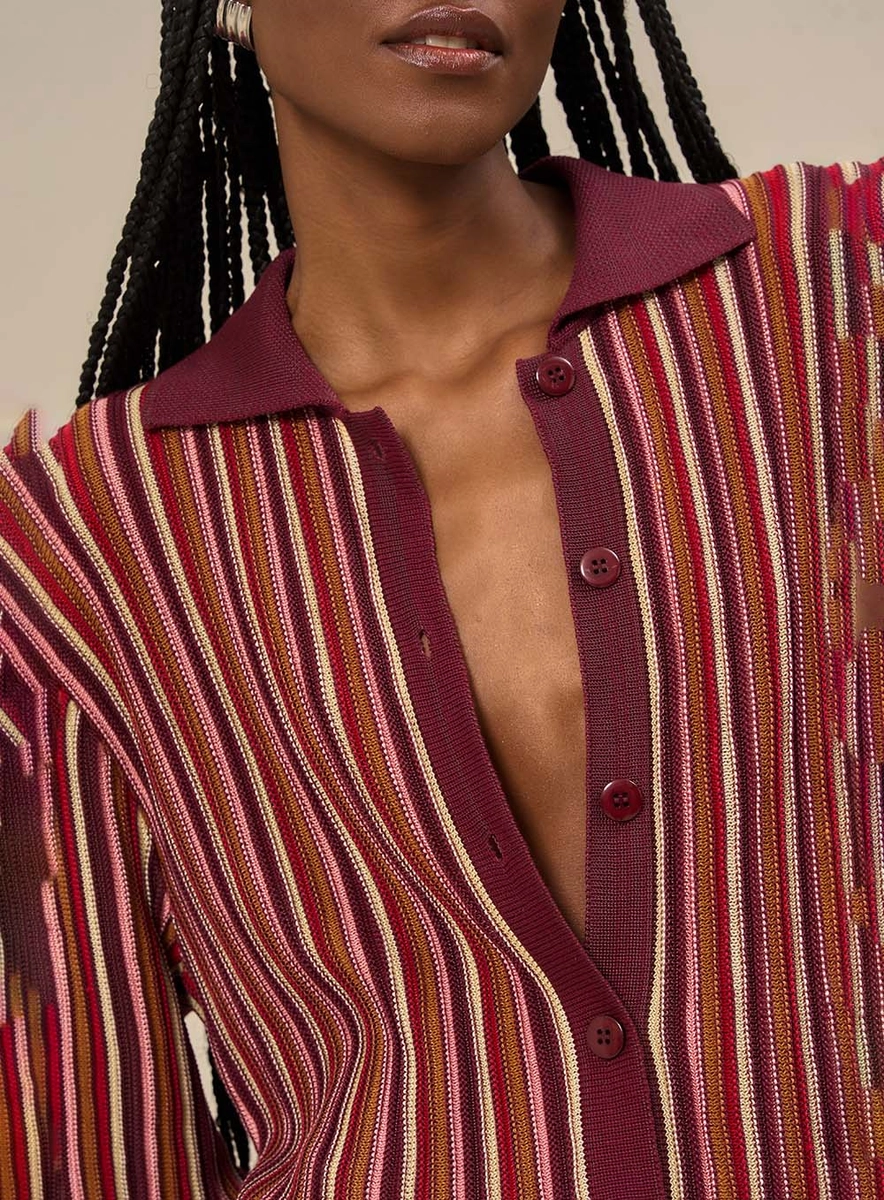 Camisa Feminina Tricot Ampla Com Gola Polo Estampados Souisy