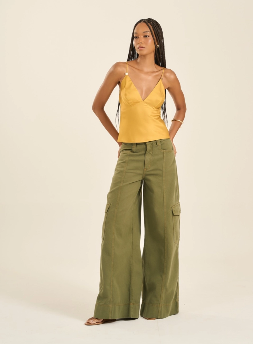 Calça Sarja Wide Leg Cargo Verde Souisy